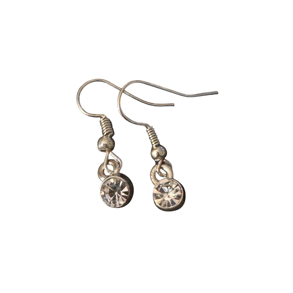 Silver Tone Round Clear Rhinestone Dangle Earrings French Wire Hooks Classic